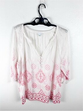 J. JILL Silk Blend 3/4 Sleeves Sheer AztecPrint Tunic Top XL Casual Boho Western
